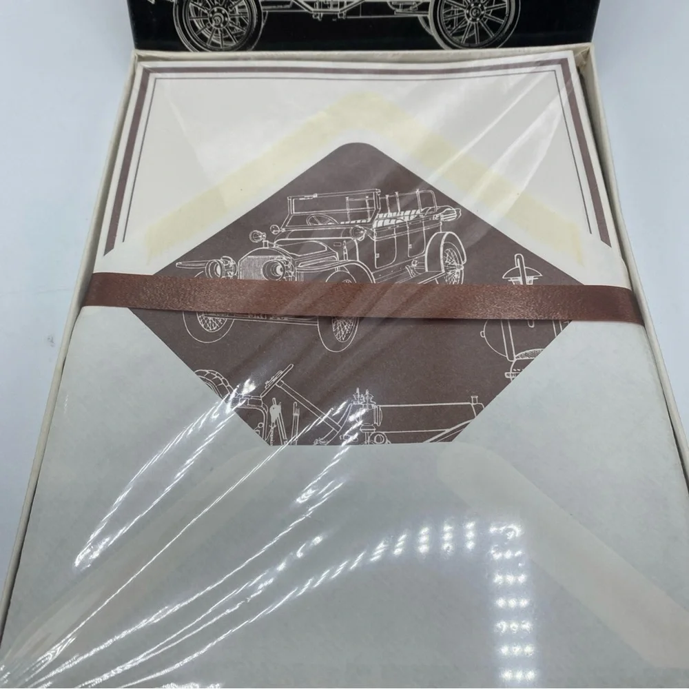 Vintage AMERICAN GREETINGS Stationery BOX Old Cars Notepaper Fold Envelopes USA